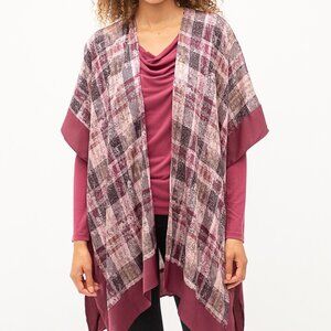 MYSTREE Burgundy Plaid Kimono Cardigan, Open Front Lightweight Layering Wrap